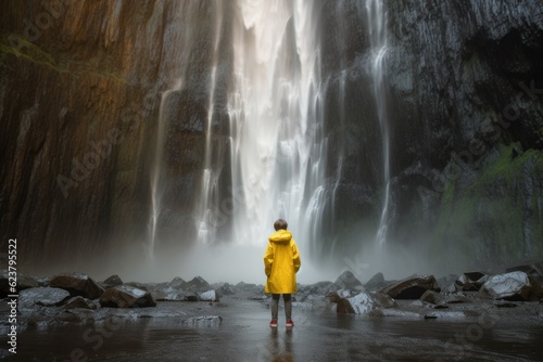 Kid in yellow rain coat standing in front of a large majestic waterfall. Generative AI 