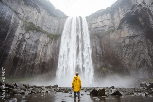 Kid in yellow rain coat standing in front of a large majestic waterfall