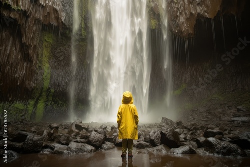 Kid in yellow rain coat standing in front of a large majestic waterfall