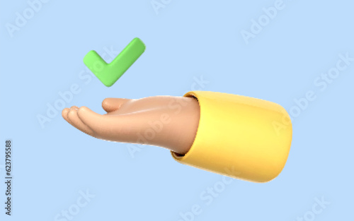 3D cartoon hand holding green check mark icon. Hand holds a Done sign. Approval concept. Vector 3d illustration