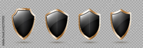 Black glass protective shields with golden frame. Protection or privacy concept. Vector 3d illustration