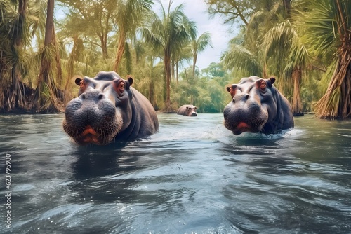 a group of hippos swimming in the river