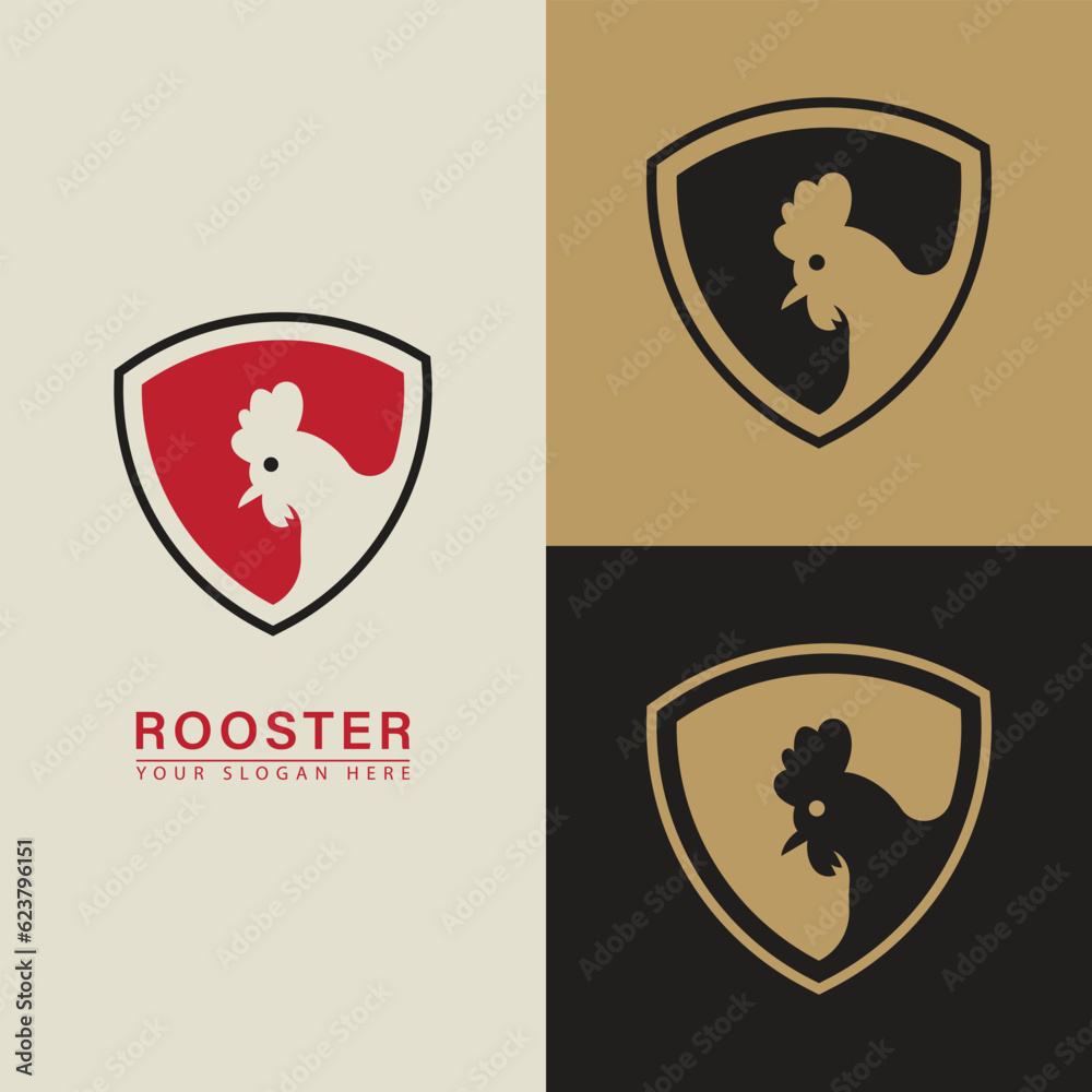 Simple rooster in shield vector icon logo. Simple rooster in shield vector icon logo.