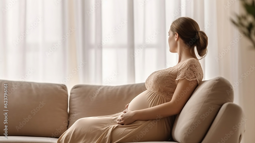 Pregnant female on the couch wearing beige dress with arms on her round belly. Generative AI Pregnant female on the couch wearing beige dress with arms on her round belly. Generative AI