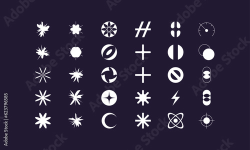 Outlines Abstract Geometric Vector universal Shapes Y2K style modern design, brutalist Icons, basic figures in retro futuristic assets, symbols and objects for logo, posters, banners, stickers