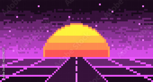Road pixelated landscape with synthwave sun and stars background. Neon highway 8bit blank purple 80s grid with cyberpunk striped luminary. Electronic violet glow in 90s vector style