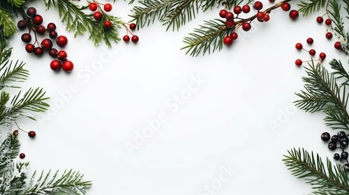 White Christmas background with Christmas tree branches and red berries, winter festive composition with copy space.