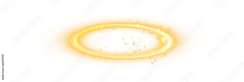 Golden halo angel ring Isolated on transparent background. Abstract light lines of movement and speed. Light ellipse. Galaxy Glint. Glowing podium. Space tunnel. Light everyday glowing effect. - obrazy, fototapety, plakaty 