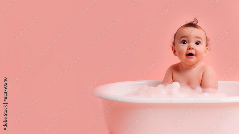 Adorable baby in a bathtub with foam on pink background, copy space on the left Adorable baby in a bathtub with foam on pink background, copy space on the left