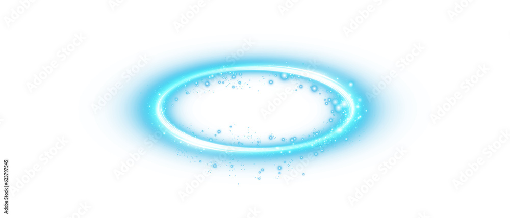 Blue halo angel ring Isolated on transparent background. Abstract light lines of movement and speed. Light ellipse. Galaxy Glint. Glowing podium. Space tunnel. Light everyday glowing effect.