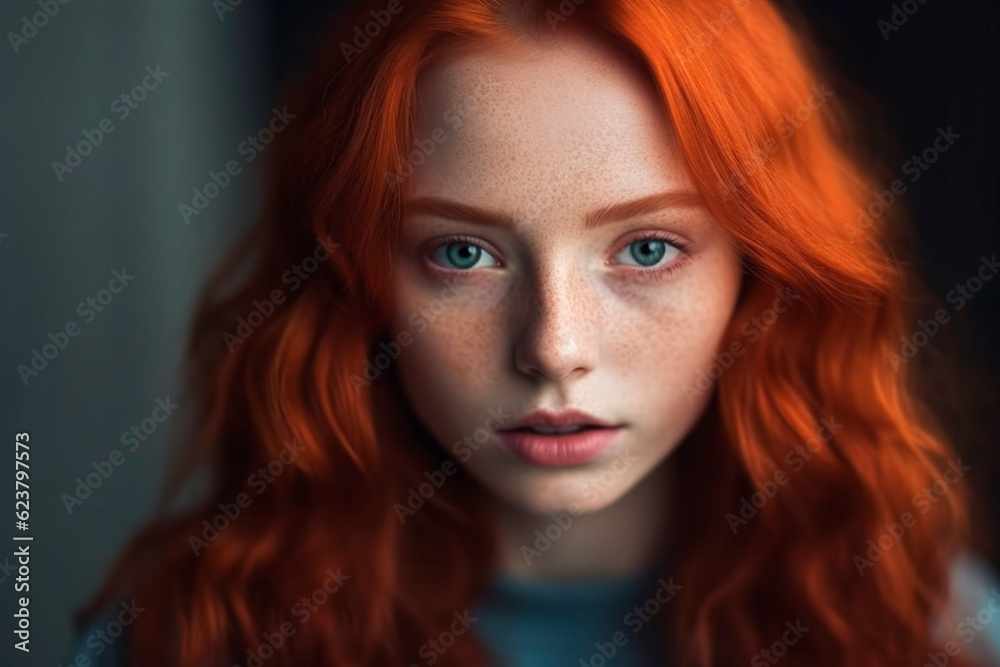 Red hair girl with blue eyes and freckles looking straight to the camera Red hair girl with blue eyes and freckles looking straight to the camera