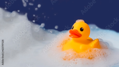 Yellow rubber duck in foam on blue background
