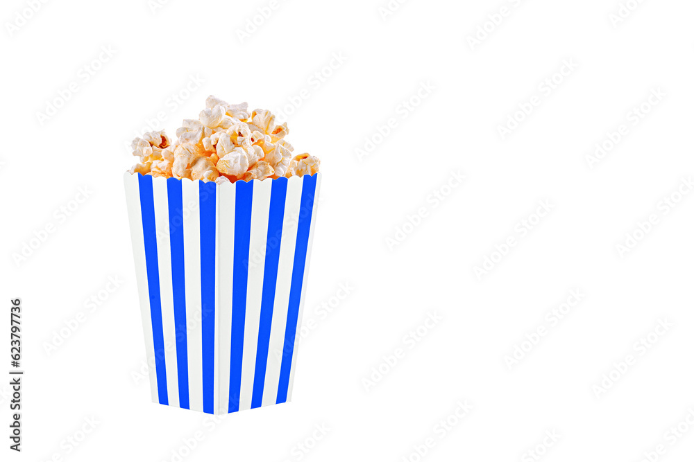 cardboard glass blue with popcorn on a white transparent background close-up