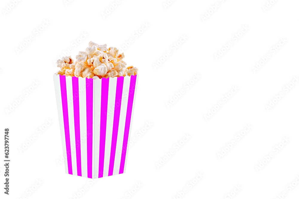 cardboard glass pink with popcorn on a white transparent background close-up