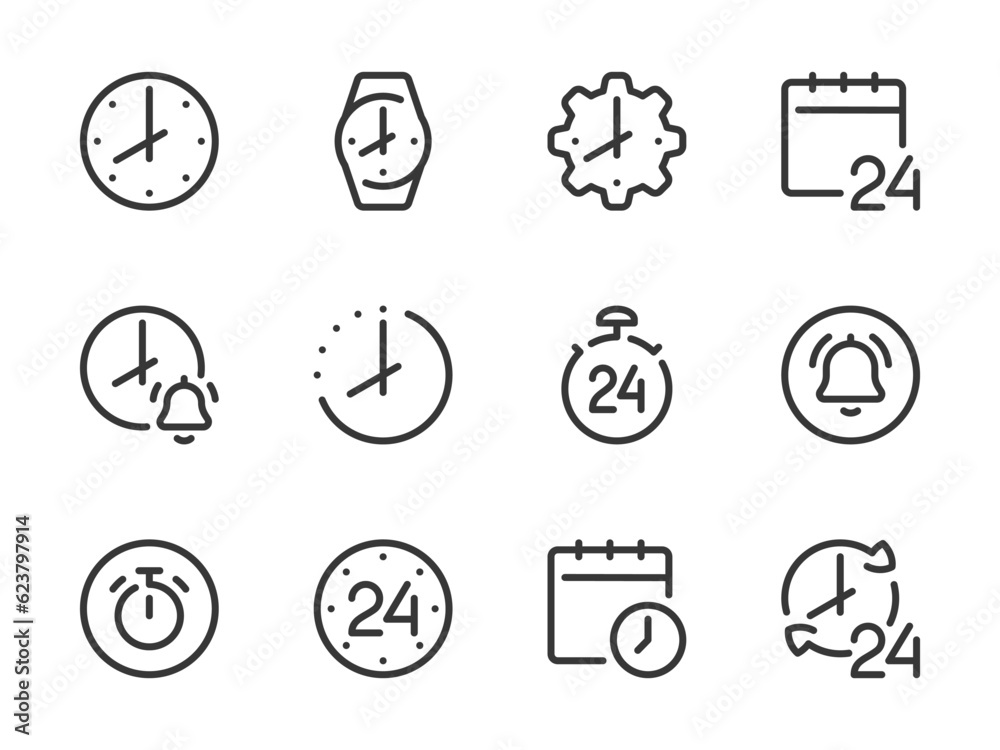 Time and Clock vector line icons. Watch and Hour outline icon set. Countdown, Timer, 24 Hours, Deadline, Time management and more. Time and Clock vector line icons. Watch and Hour outline icon set. Countdown, Timer, 24 Hours, Deadline, Time management and more.
