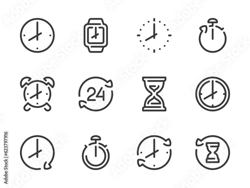 Time and Clock vector line icons. Watch and Hour outline icon set. Countdown, Timer, 24 Hours, Deadline, Time management and more.