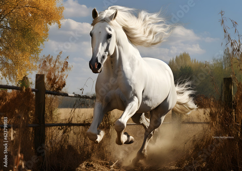 Beautiful white horse galloping in the field, AI GENERATIVE