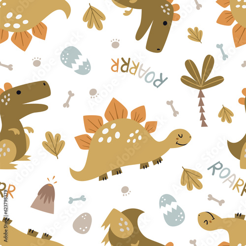 Seamless pattern with cute dinosaurs.