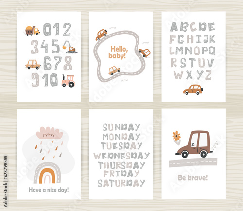 Set of posters with Track road alphabet and numbers