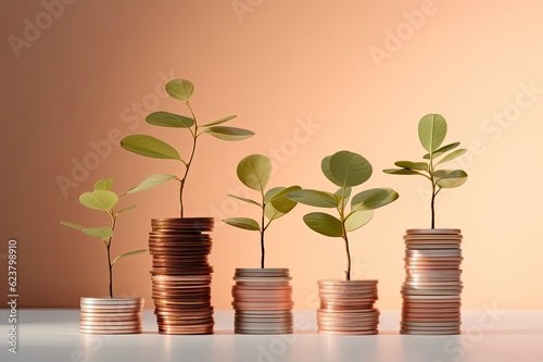 Plant a plant in piles of stacked coins. Assorted wood grain, light silver and light pink. Finance and savings concept.