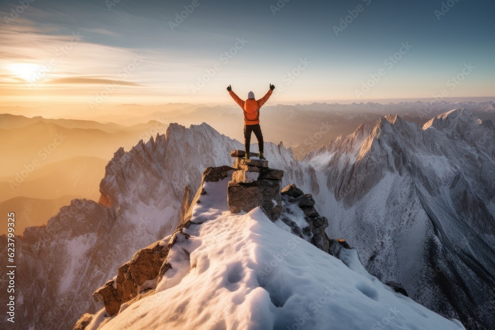 Mountain climber celebrating success on top of mountain. Generative AI 8