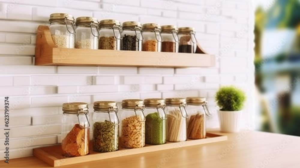 Countertop Spice Rack KItchen Indoor Interior. Kitchenware Utensils on Wooden Strip Indoors Food Store Bunch of Dried Herbs. Generative AI