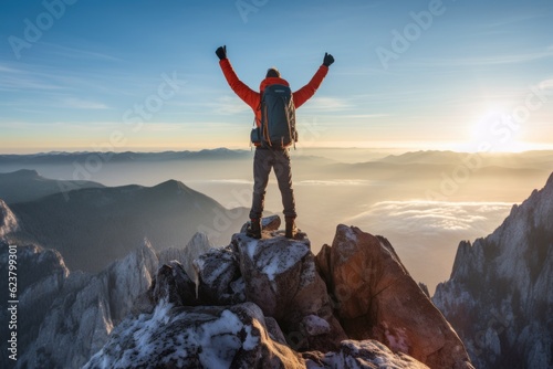 Mountain climber celebrating success on top of mountain. Generative AI 3 © MaVeRa