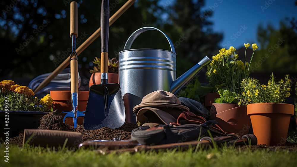 Delighting in Gardening Tools amid a Backyard Green Symphony Delighting in Gardening Tools amid a Backyard Green Symphony