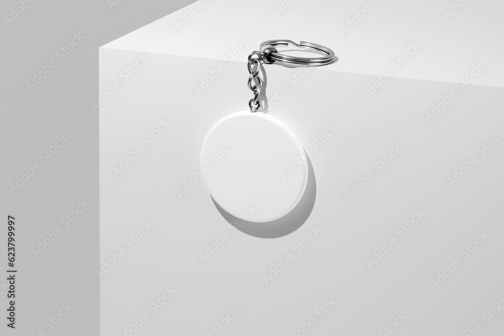 Hanging round keychain with key ring mockup. 3D rendering Hanging round keychain with key ring mockup. 3D rendering