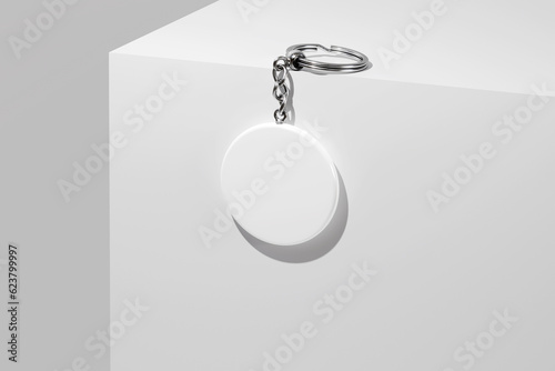 Hanging round keychain with key ring mockup. 3D rendering