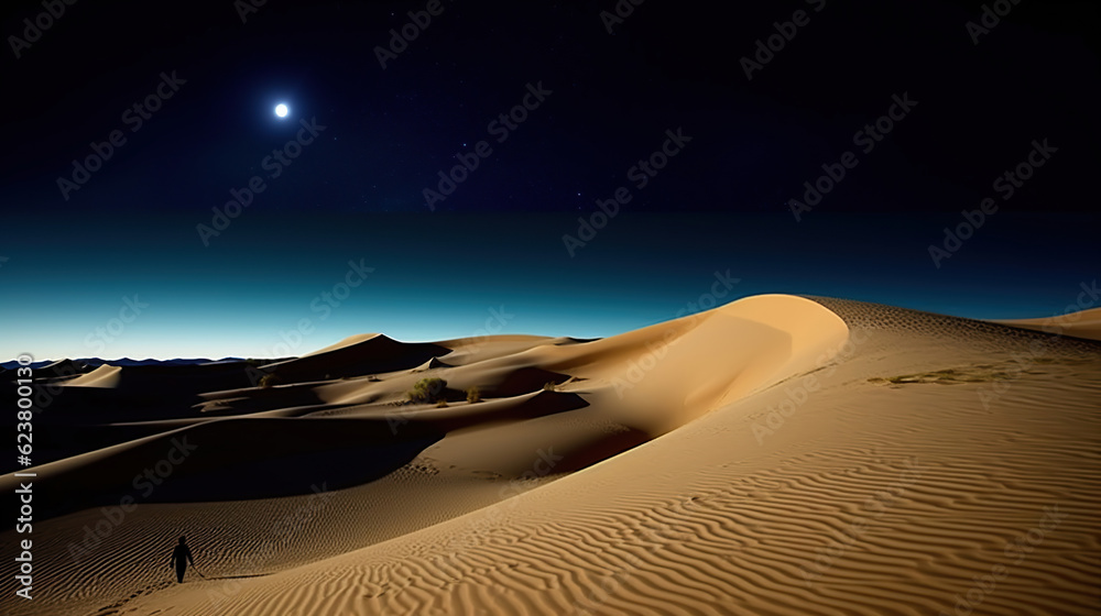 Naklejka premium Night in the desert sand dunes. Generative AI