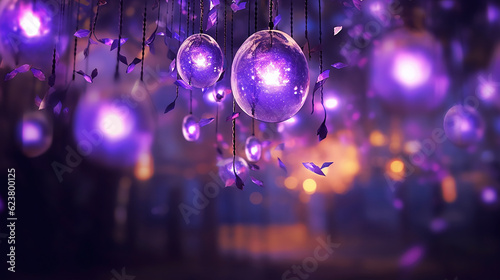 A purple shimmering bokeh, creating an enchanting and mystical atmosphere with its vibrant, glowing lights. Generative AI