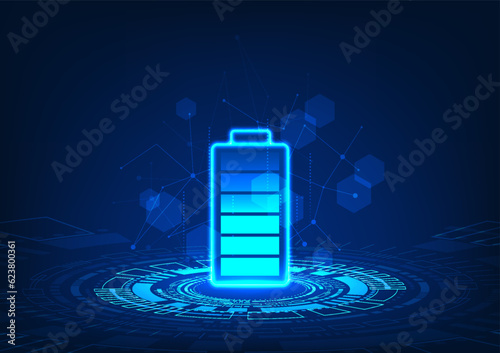 Battery technology is located on the technology circle projecting the battery. with elements of geometric shapes and lines that connect attractively It's a vector technology illustration.