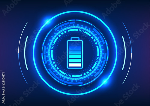 Battery technology inside of high tech circle It is a technology that allows power to work with electrical equipment. It is a vector illustration in blue tones.