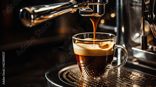 Photo of Espresso Pouring from Coffee Machine - Professional Coffee Brewing. ai generative