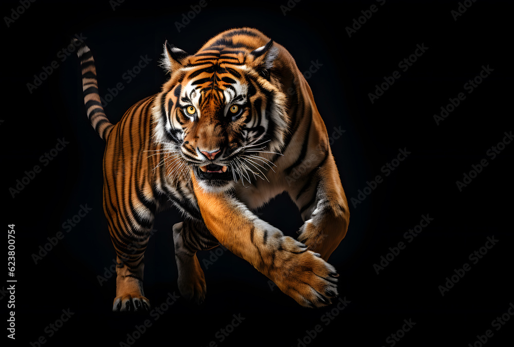 Obraz premium Close-face tiger on black background, Angry Face, AI GENERATIVE