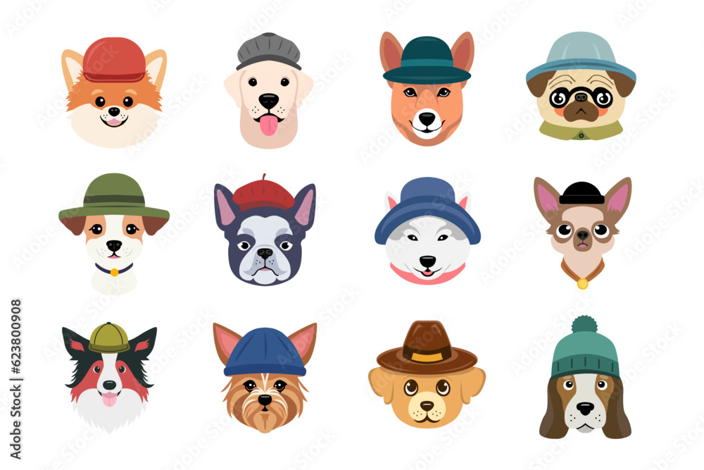Obraz premium Cartoon Dog Breeds In The Hats. Hand Drawn Funny Set Illustration