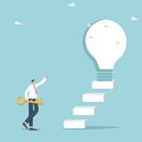 Secret key to achieve goals, unlock new opportunities and creative ideas for great success, introduce innovations for business development, man with a key stands near the door in form of light bulb.