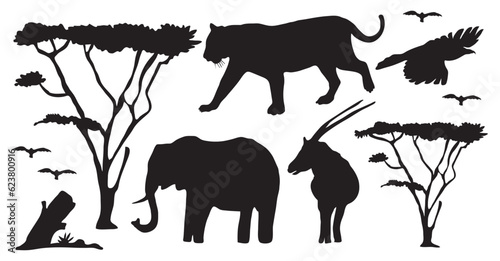 Silhouette of animals and trees in the savanna of Africa



