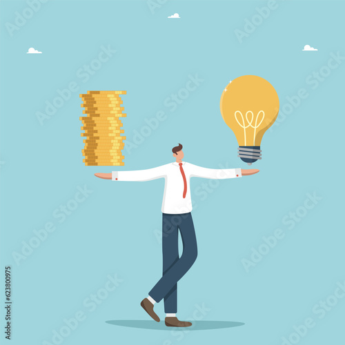 Profitability and payback of innovations, buying intellectual property, investing in creative ideas and startups for income, launching new business projects, man holds coins and a light bulb in hands.