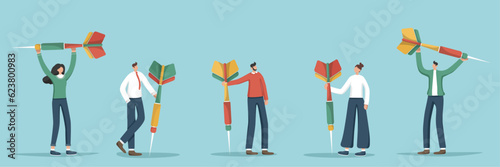 Set of illustrations of casual people with darts. Accuracy in setting and planning business strategies, motivation and focus on results, dedication to achieving great success, hitting a target exactly