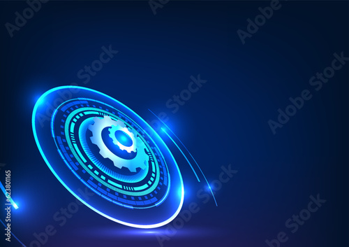 Gear technology inside the technology circle and there is a light Technology is the driving force for people. business development well being a Growing global economy It's a blue vector illustration.