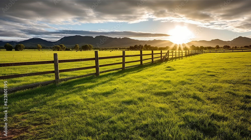 Green grass field, wooden Fence and mountain on horizon at summer morning. American spring sunrise. Generative AI