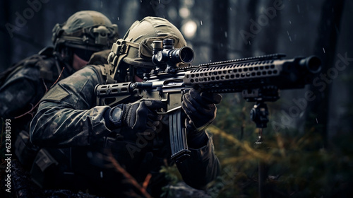 Army sniper aims through the telescopic sight, Generative Ai