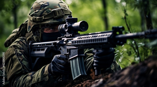 Army sniper aims through the telescopic sight, Generative Ai