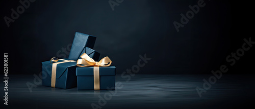 Father's Day Concept: Gift Boxes, Bow Ties, and Dark Blue Background Theme, Banner Design photo
