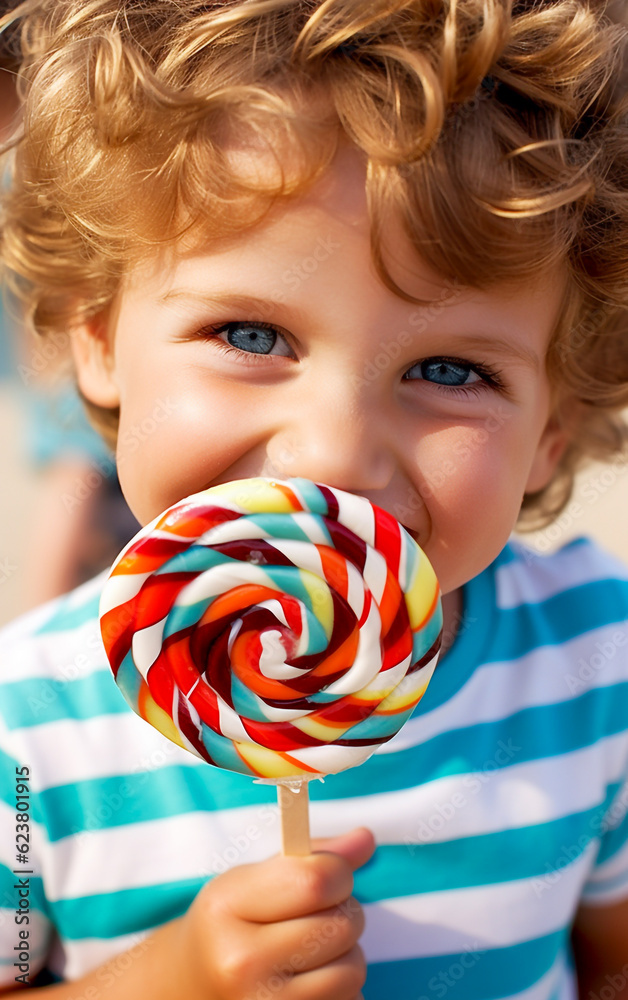 A happy, smiling child is holding a colorful lollipop