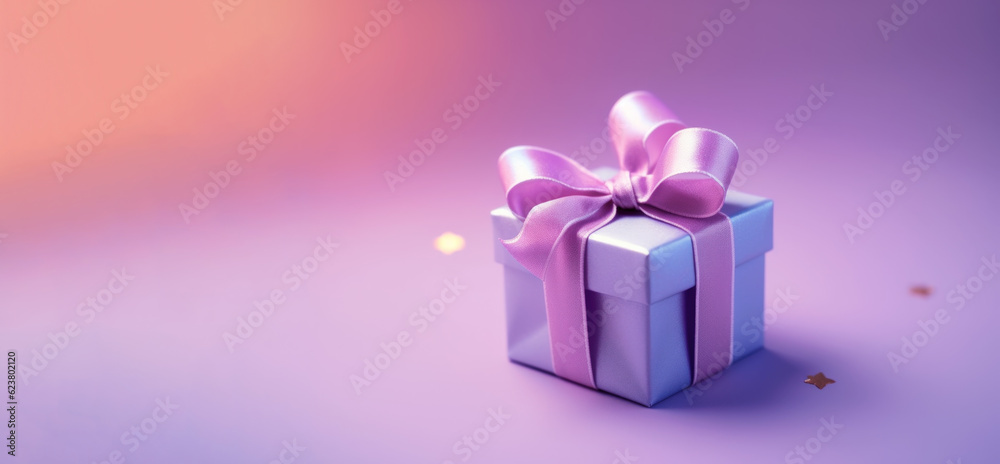 Banner with purpure gift box with ribbon and bow isolated on purpure background.Holiday gift with Birthday or Christmas present, flat lay, top view, happy mother day copy space. Generated by AI Banner with purpure gift box with ribbon and bow isolated on purpure background.Holiday gift with Birthday or Christmas present, flat lay, top view, happy mother day copy space. Generated by AI
