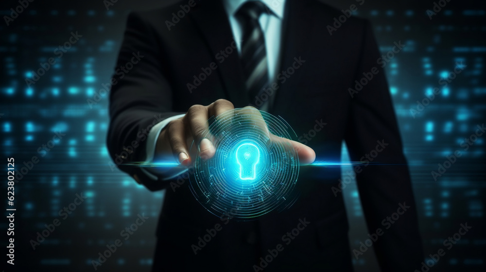 Businessman using fingerprint indentification to access personal ...