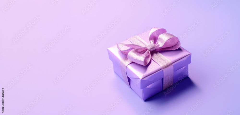 Banner with purpure gift box with ribbon and bow isolated on purpure background.Holiday gift with Birthday or Christmas present, flat lay, top view, happy mother day copy space. Generated by AI Banner with purpure gift box with ribbon and bow isolated on purpure background.Holiday gift with Birthday or Christmas present, flat lay, top view, happy mother day copy space. Generated by AI